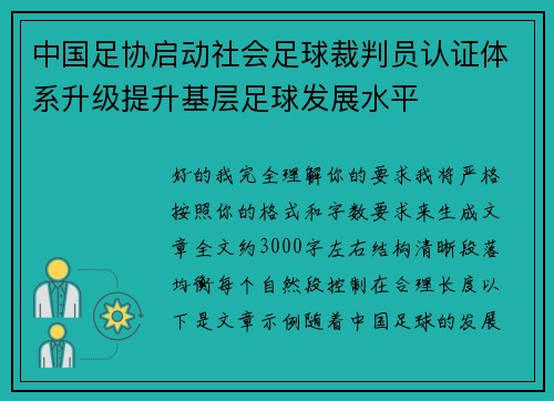 中国足协启动社会足球裁判员认证体系升级提升基层足球发展水平